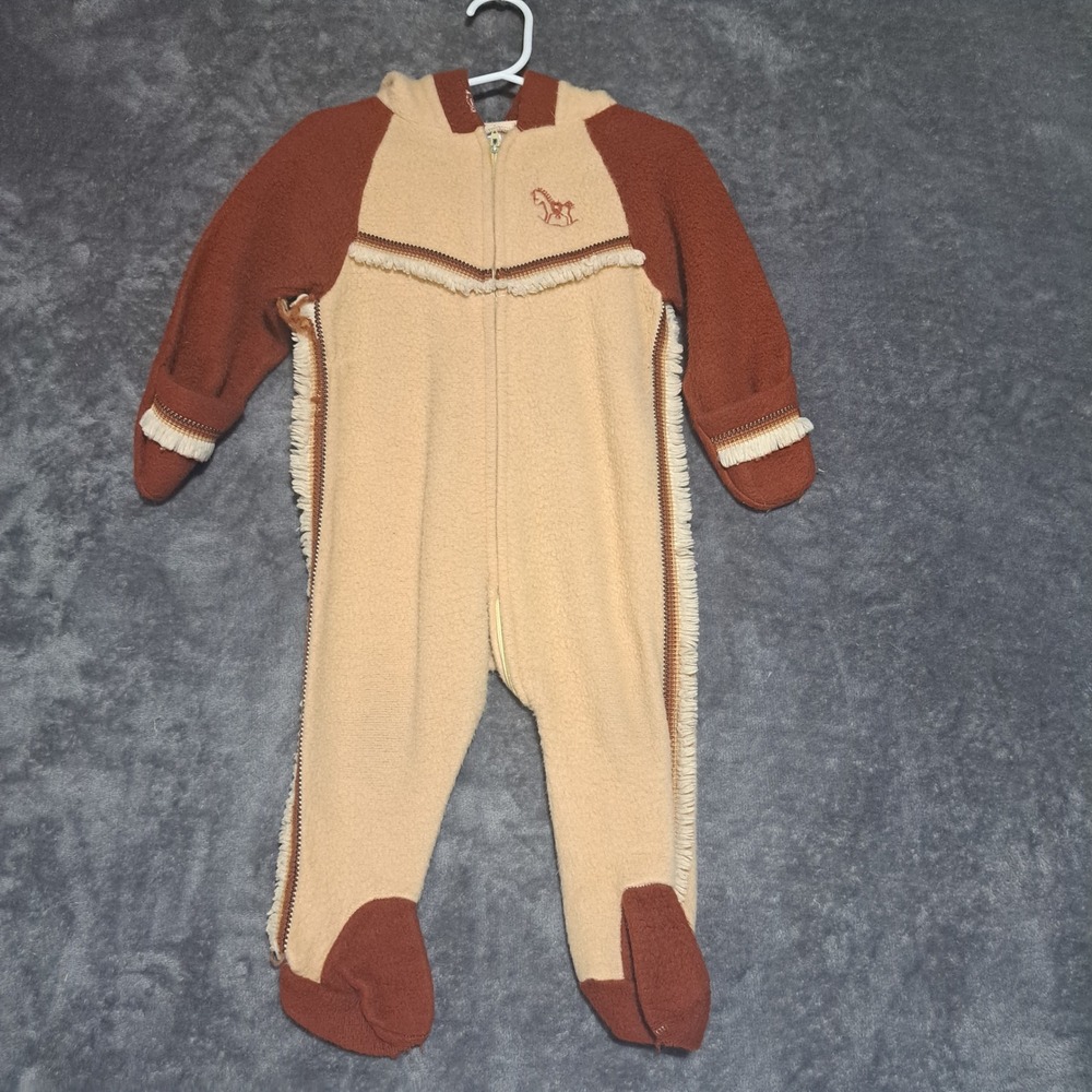 VTG Carters Baby Fleece Bunting Suit Fringed Rocking Horse Brown Tan Western